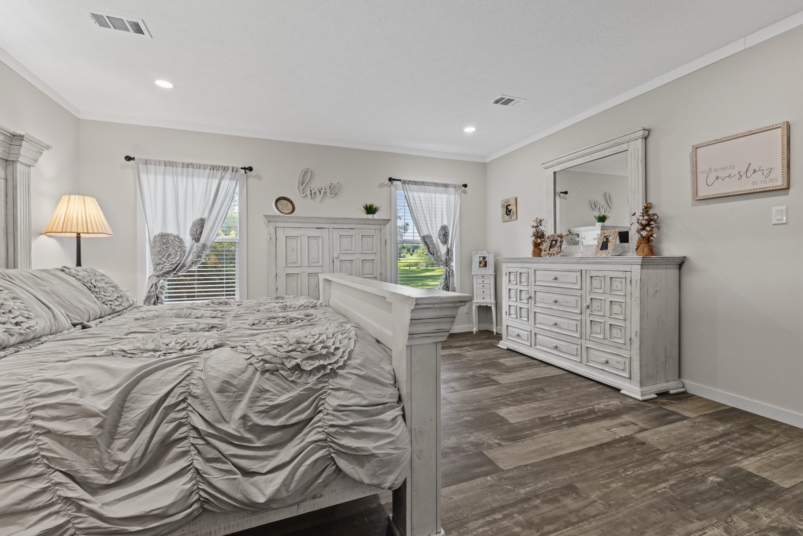 Bright styled primary bedroom